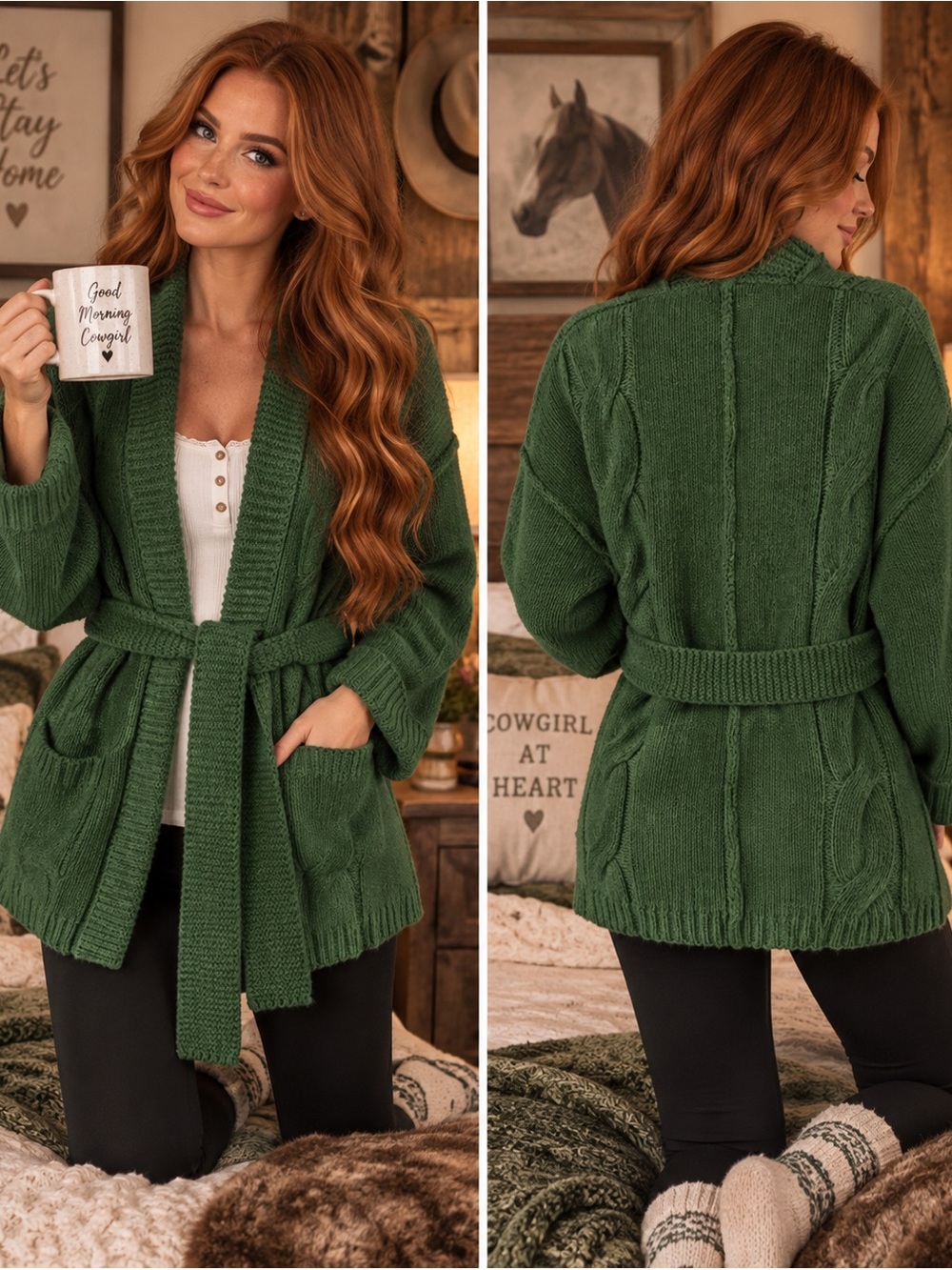 POL Green Belted Cable Cardigan with Pockets